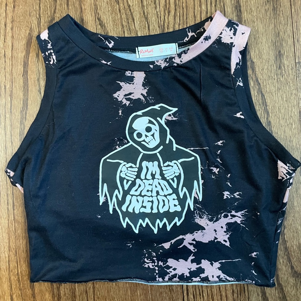 I’m Dead Inside Black Grim Reaper Crop Top Sleeveless Stretchy Skeleton Romwe